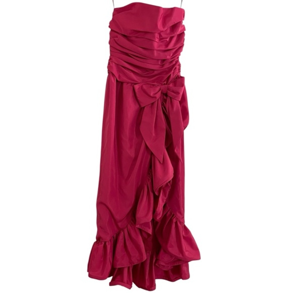 VICTOR COSTA Vintage Pink Ruched Ruffle Hem Bow Detail Strapless Gown